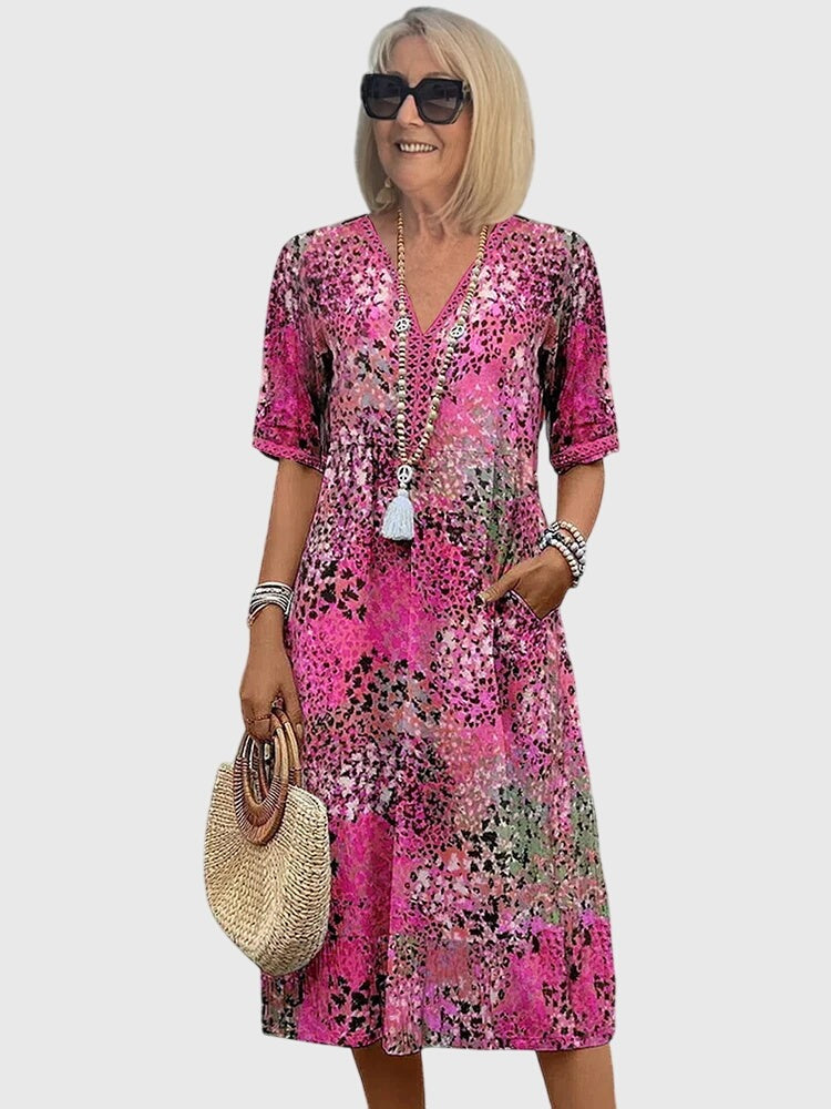 Women's Summer Boho Midi Dress with V-Neck and Pockets