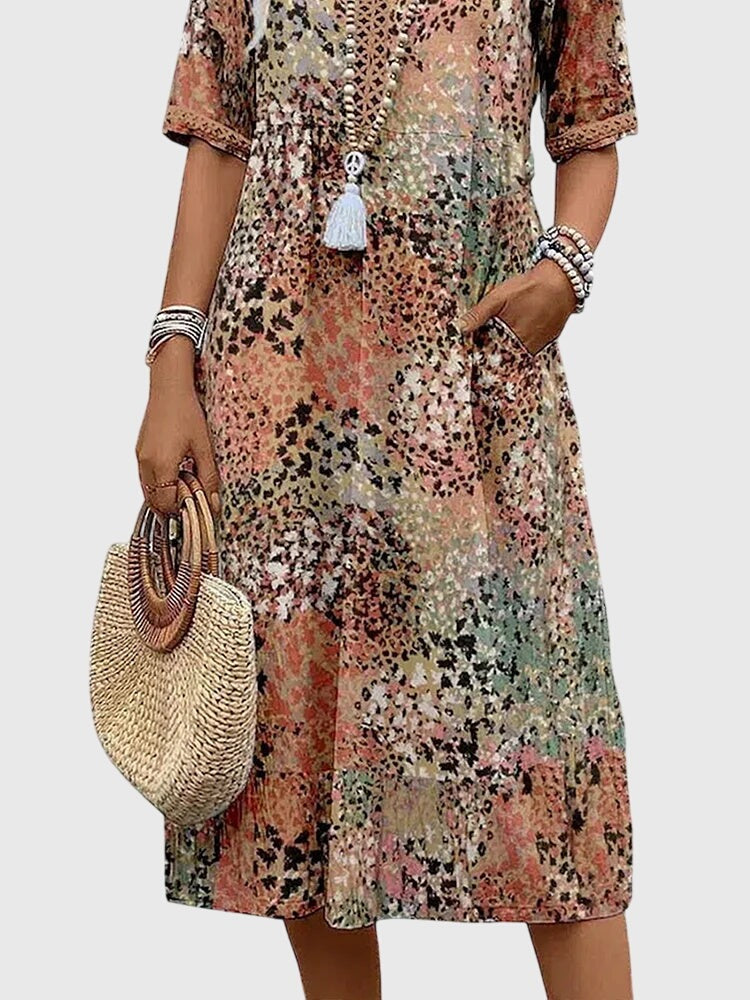 Women's Summer Boho Midi Dress with V-Neck and Pockets