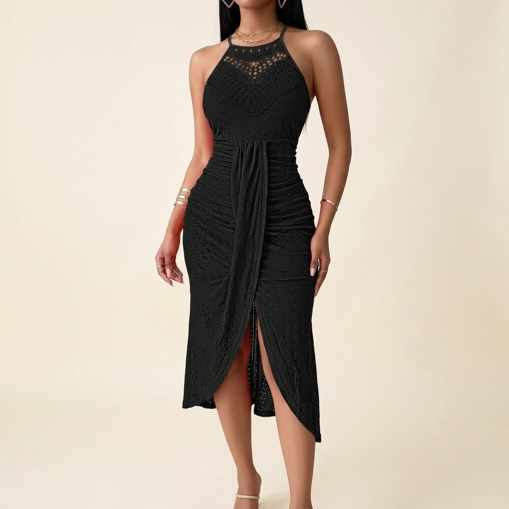 Women's Summer Party Midi Dress with Halter Neck and Open Back