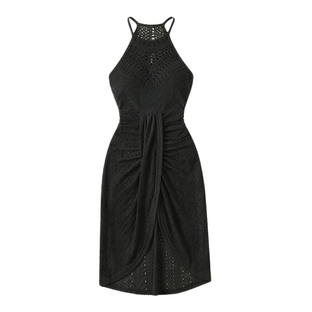Women's Summer Party Midi Dress with Halter Neck and Open Back