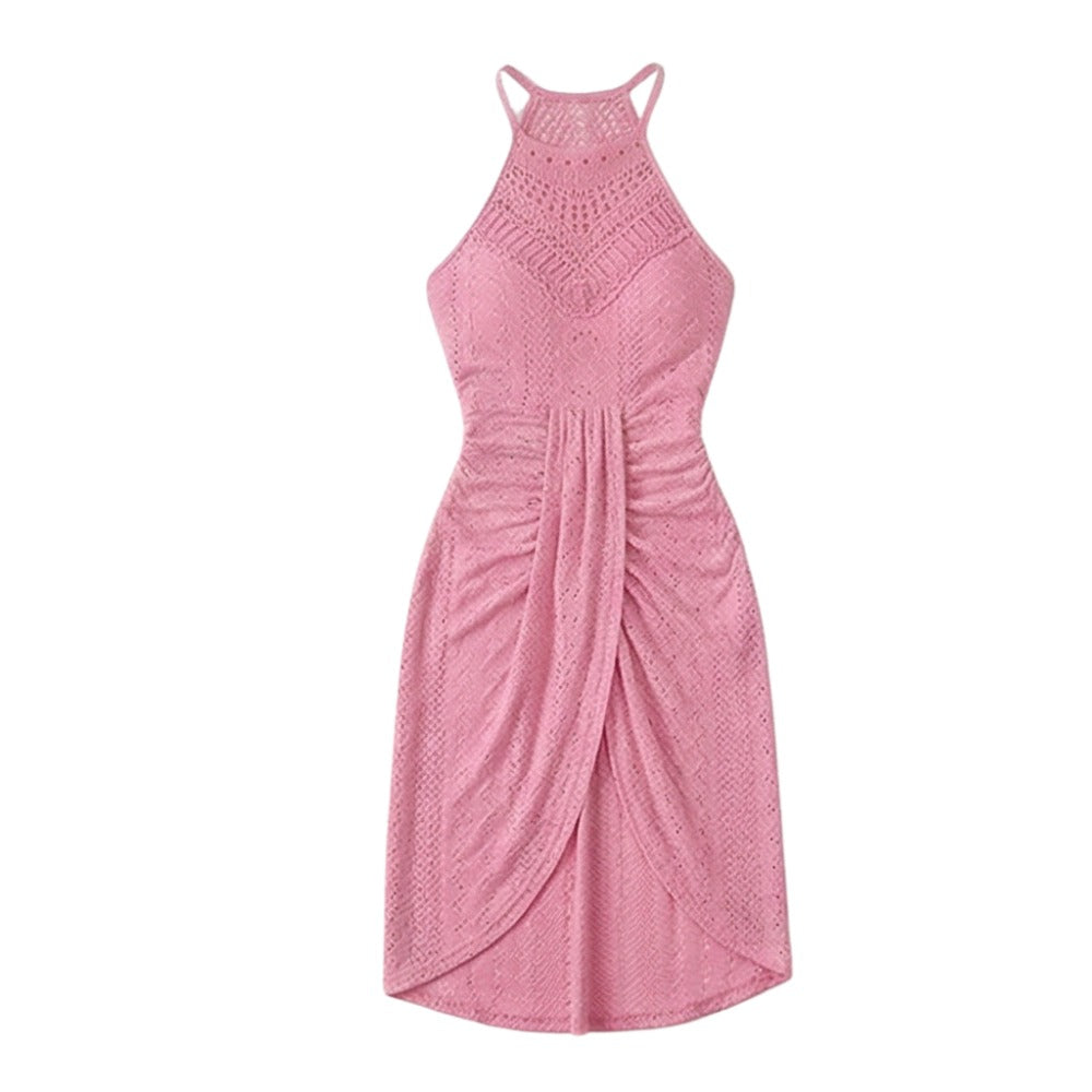Women's Summer Party Midi Dress with Halter Neck and Open Back
