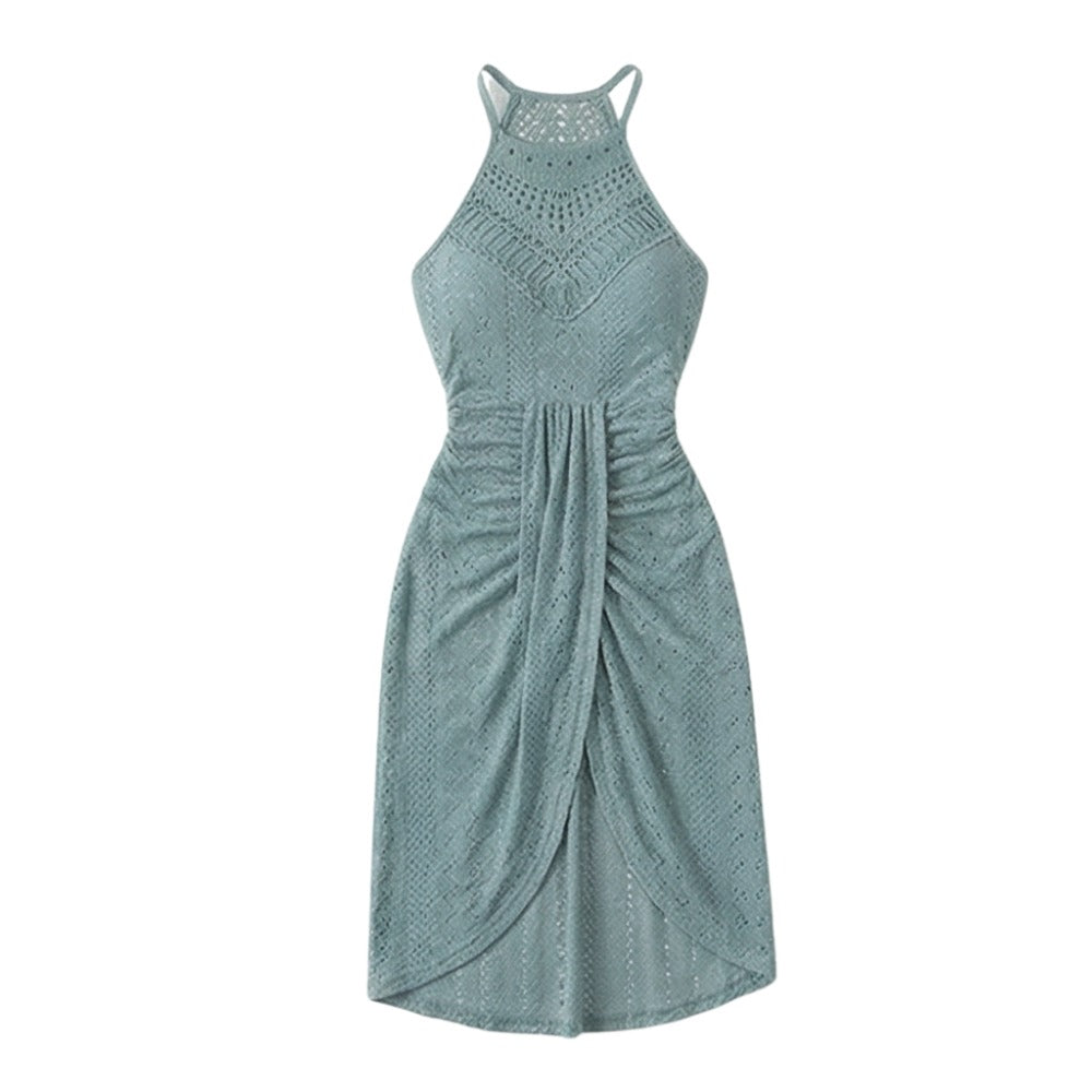 Women's Summer Party Midi Dress with Halter Neck and Open Back