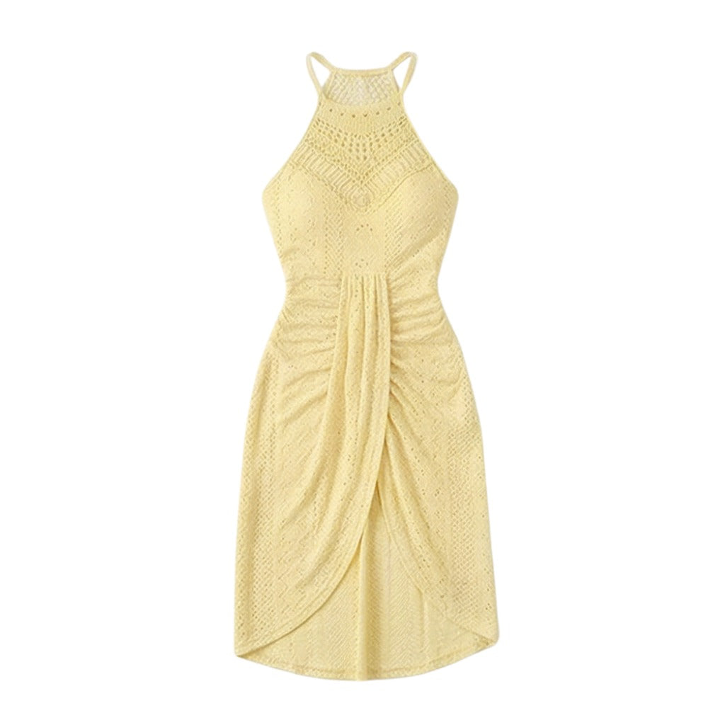 Women's Summer Party Midi Dress with Halter Neck and Open Back