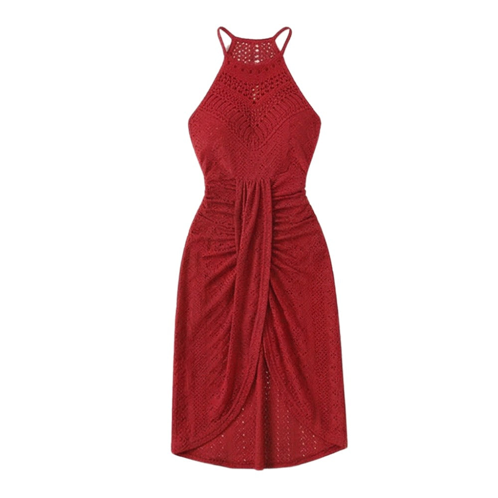 Women's Summer Party Midi Dress with Halter Neck and Open Back