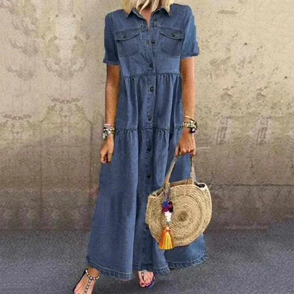 Women's Summer Shirt Maxi Dress with Chest Pockets