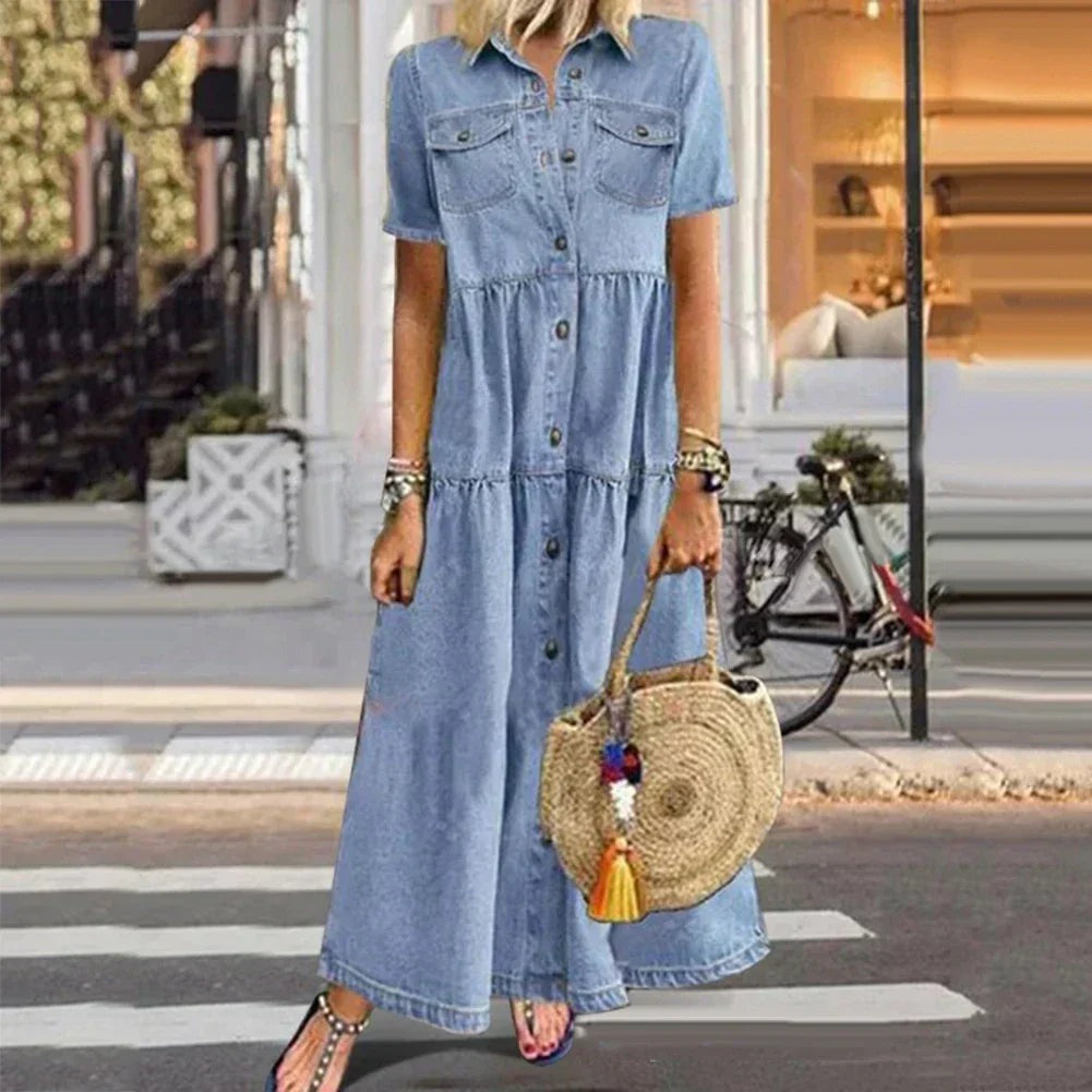 Women's Summer Shirt Maxi Dress with Chest Pockets