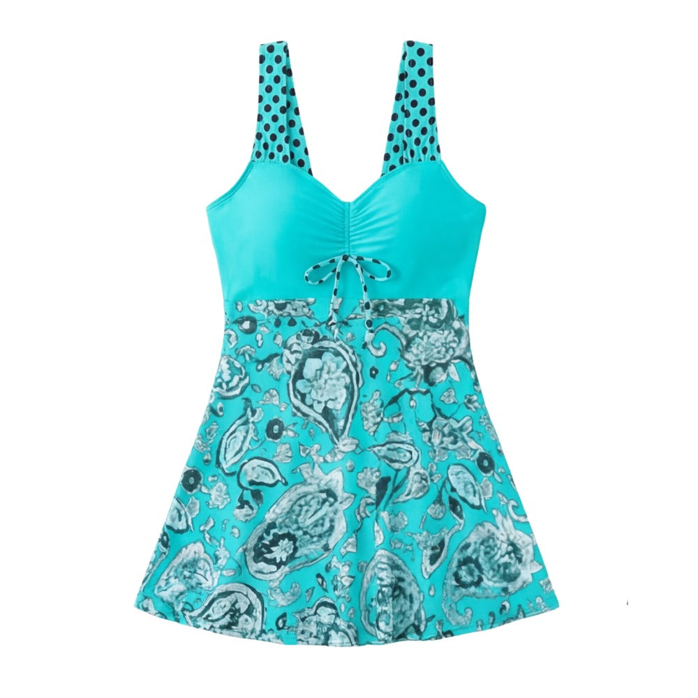 Women's Swimdress with Sweetheart Neckline and Paisley Print Skirt