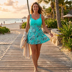 Women's Swimdress with Sweetheart Neckline and Paisley Print Skirt