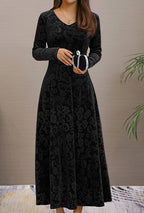 Women's A-Line Midi Dress with V-Neckline and Long Sleeves and Tonal Raised Floral Scroll Pattern