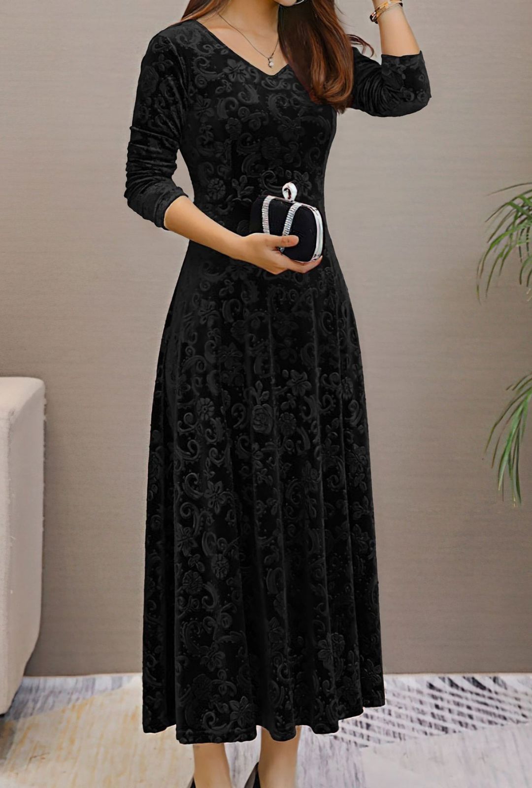 Women's A-Line Midi Dress with V-Neckline and Long Sleeves and Tonal Raised Floral Scroll Pattern