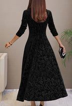 Women's A-Line Midi Dress with V-Neckline and Long Sleeves and Tonal Raised Floral Scroll Pattern