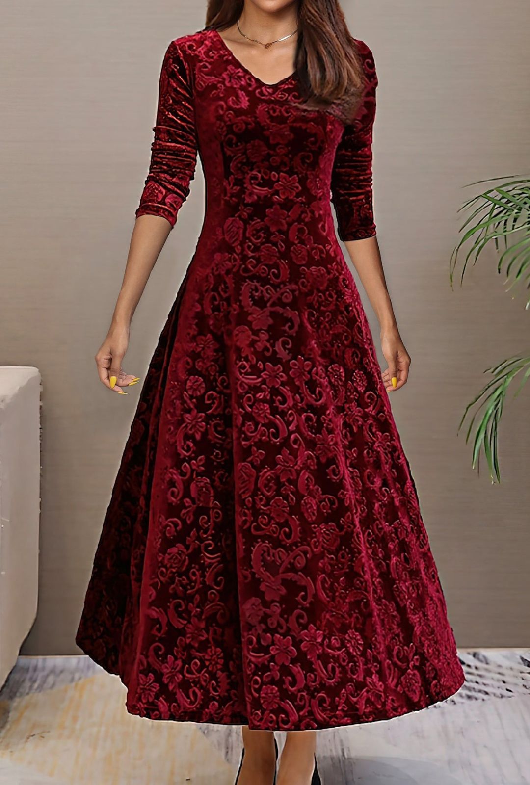 Women's A-Line Midi Dress with V-Neckline and Long Sleeves and Tonal Raised Floral Scroll Pattern