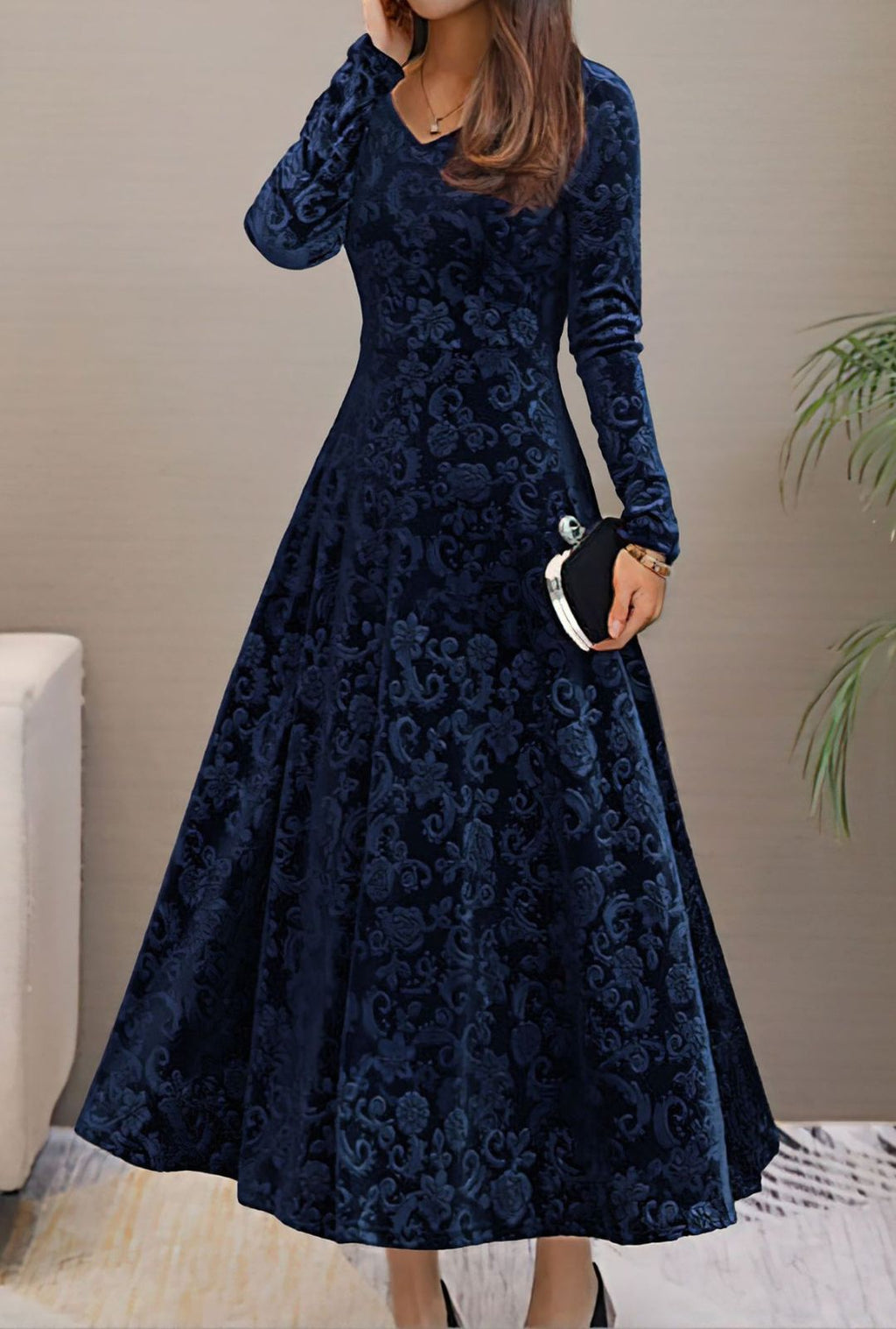 Women's A-Line Midi Dress with V-Neckline and Long Sleeves and Tonal Raised Floral Scroll Pattern