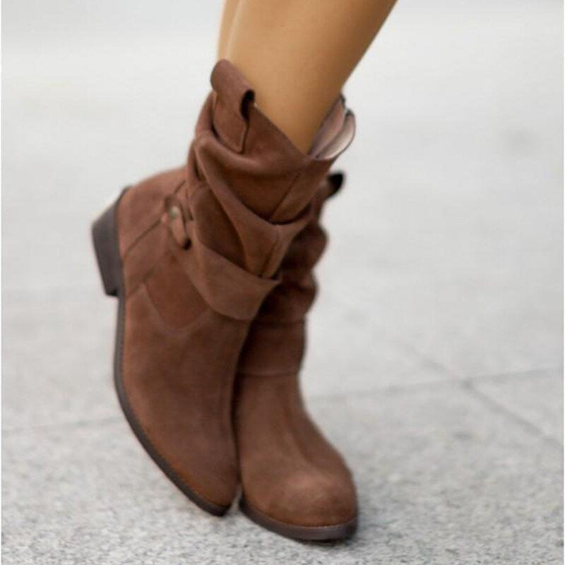 Women's Ankle Winter Boots with Buckle Strap and Slouched Shaft