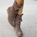 Women's Ankle Winter Boots with Buckle Strap and Slouched Shaft