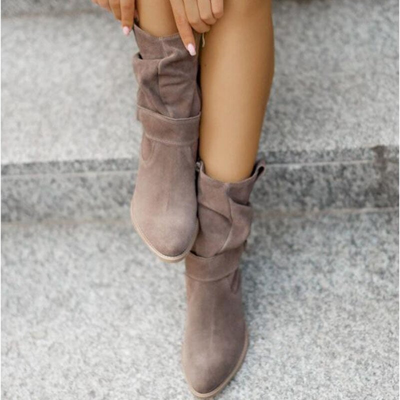 Women's Ankle Winter Boots with Buckle Strap and Slouched Shaft