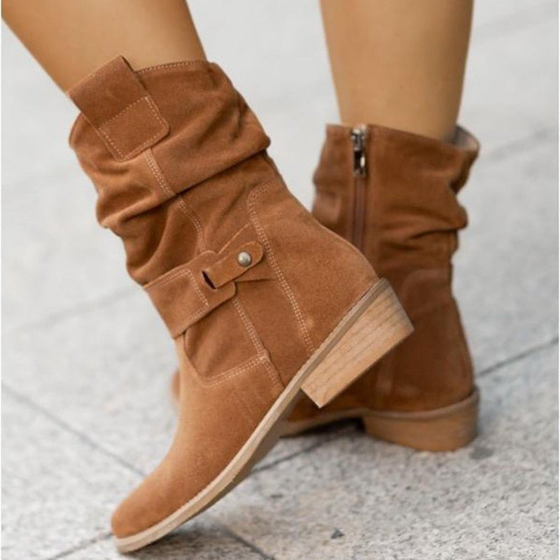 Women's Ankle Winter Boots with Buckle Strap and Slouched Shaft