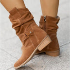 Women's Ankle Winter Boots with Buckle Strap and Slouched Shaft