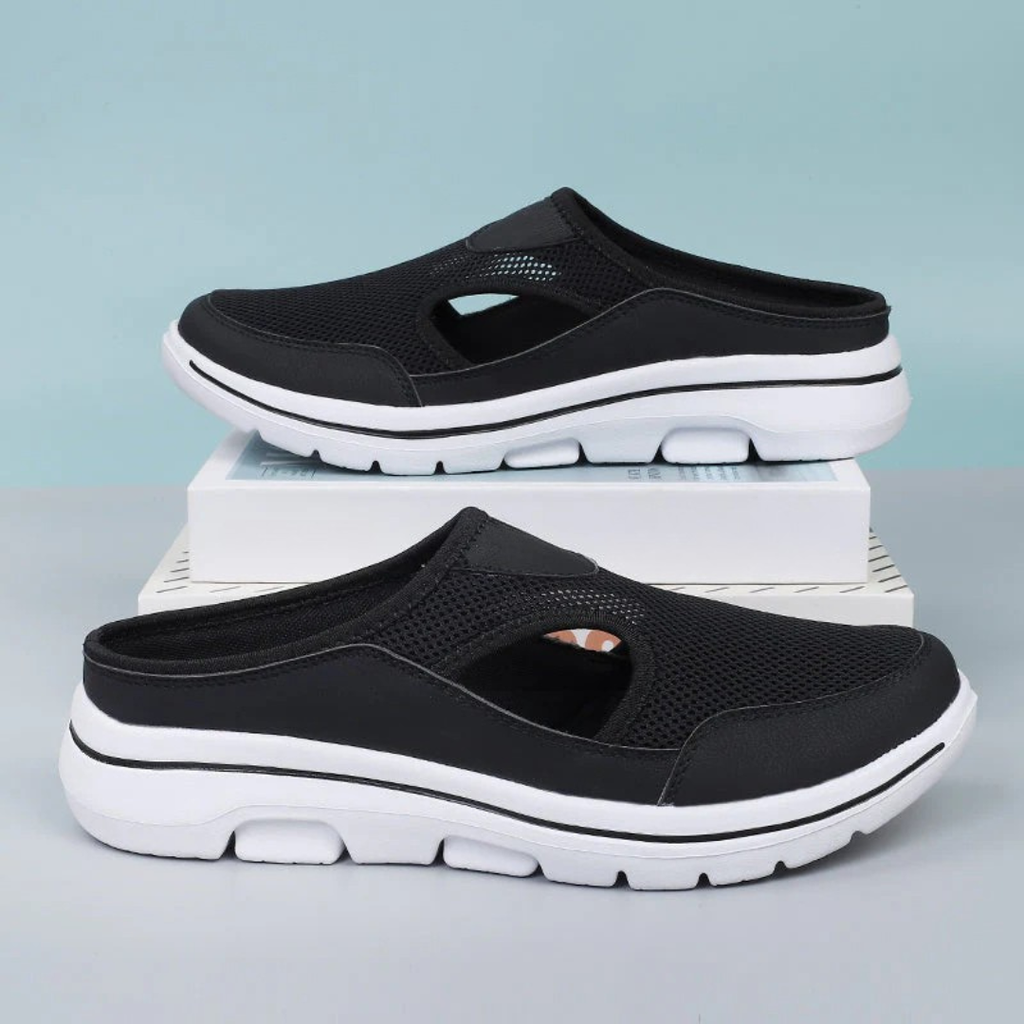 Women's Backless Mesh Slip-On Mules with Side Cutout and White Sole