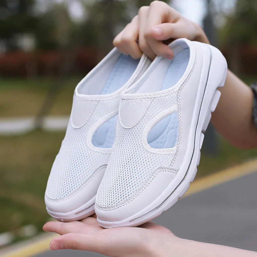 Women's Backless Mesh Slip-On Mules with Side Cutout and White Sole