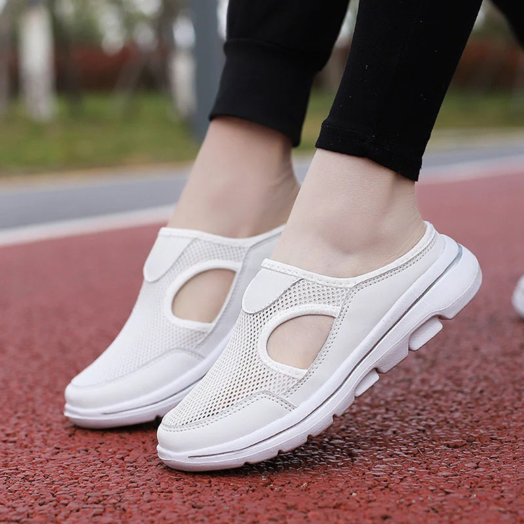 Women's Backless Mesh Slip-On Mules with Side Cutout and White Sole