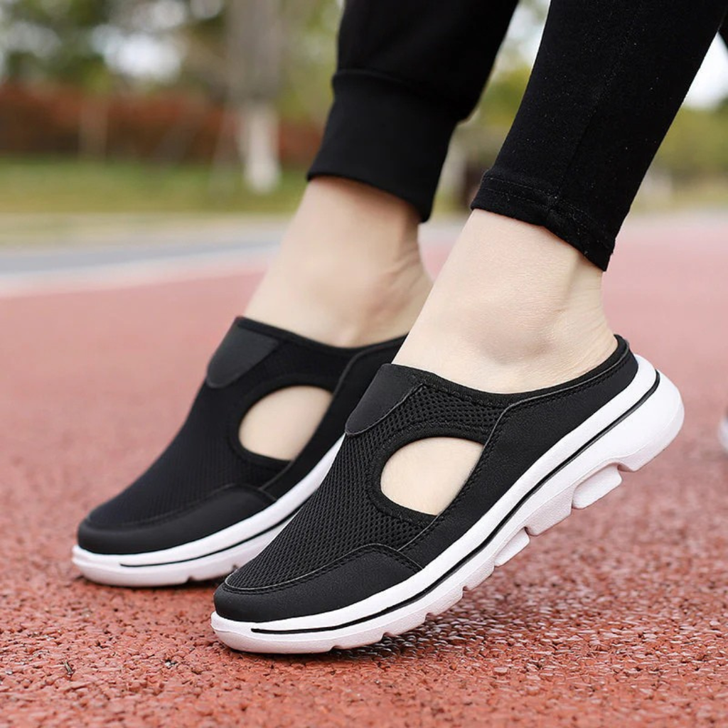 Women's Backless Mesh Slip-On Mules with Side Cutout and White Sole