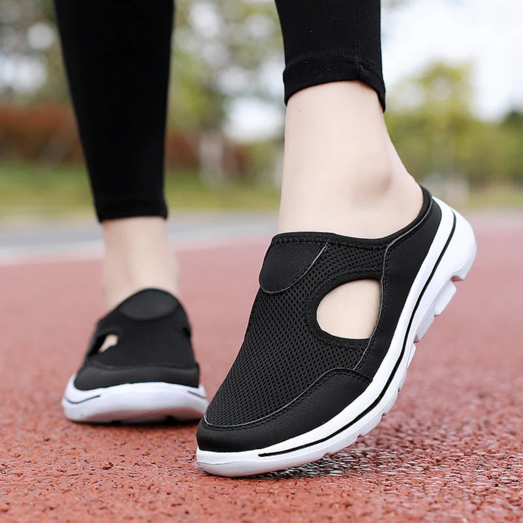 Women's Backless Mesh Slip-On Mules with Side Cutout and White Sole