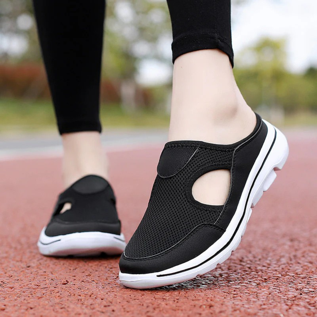 Women's Backless Mesh Slip-On Mules with Side Cutout and White Sole