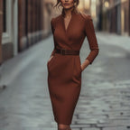 Womens Belted Midi Dress with Wrap V-Neckline and Three Quarter Sleeves and Side Pockets