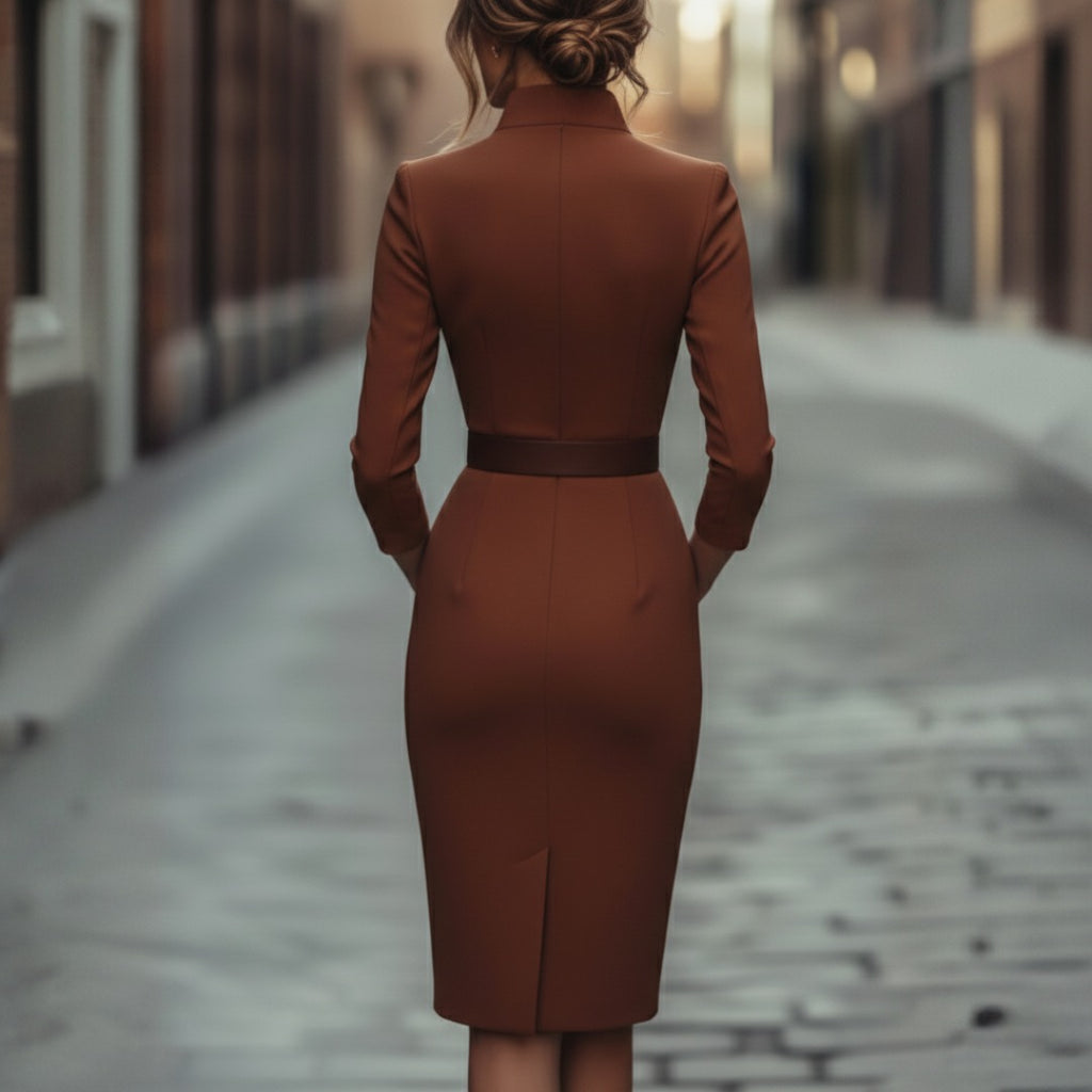 Womens Belted Midi Dress with Wrap V-Neckline and Three Quarter Sleeves and Side Pockets