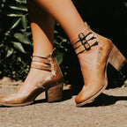 Women's Block Heel Ankle Boots with Triple Buckle Strap and Rear Zip Closure