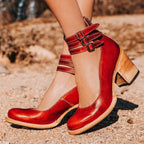 Women's Block Heel Ankle Boots with Triple Buckle Strap and Rear Zip Closure