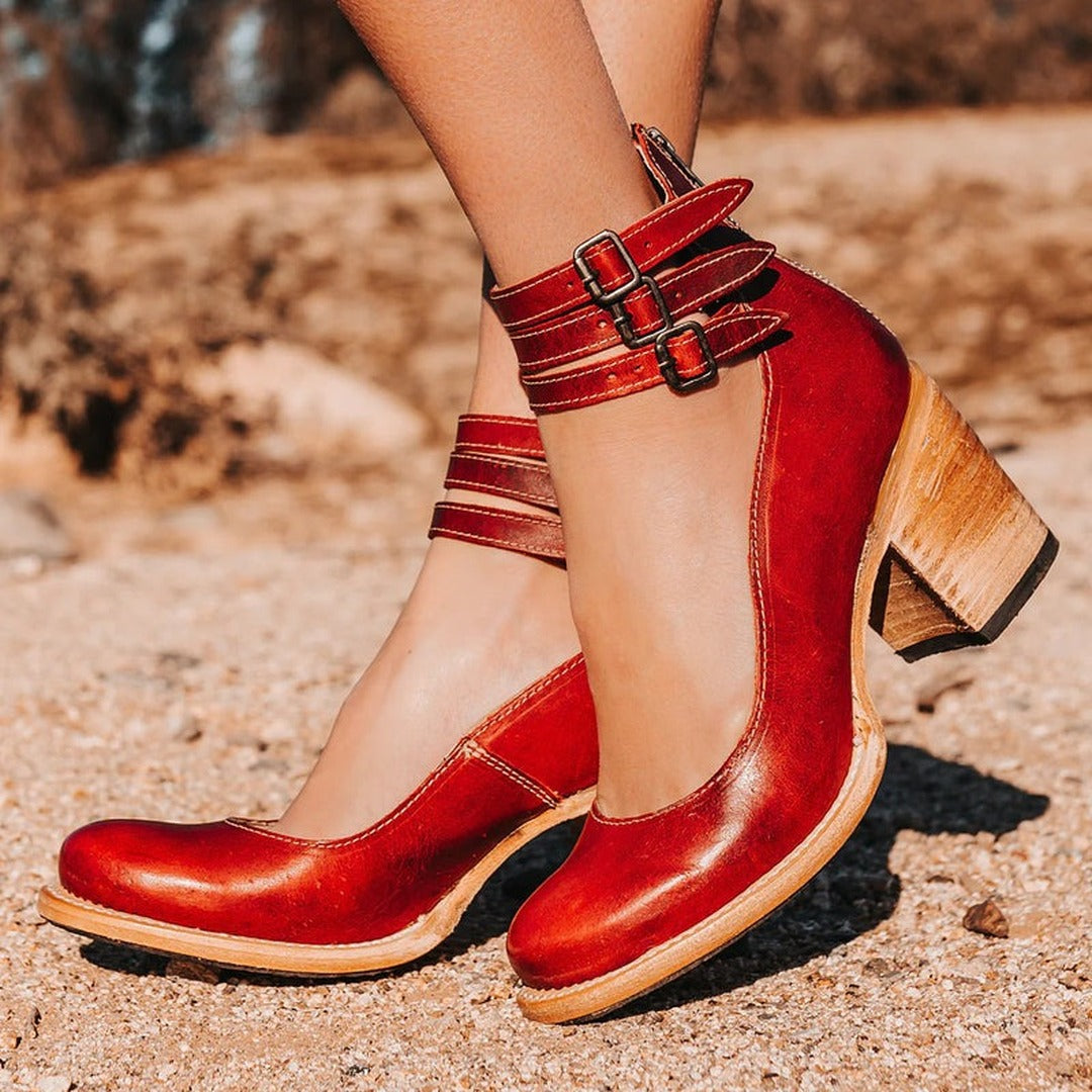 Women's Block Heel Ankle Boots with Triple Buckle Strap and Rear Zip Closure