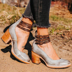 Women's Block Heel Ankle Boots with Triple Buckle Strap and Rear Zip Closure