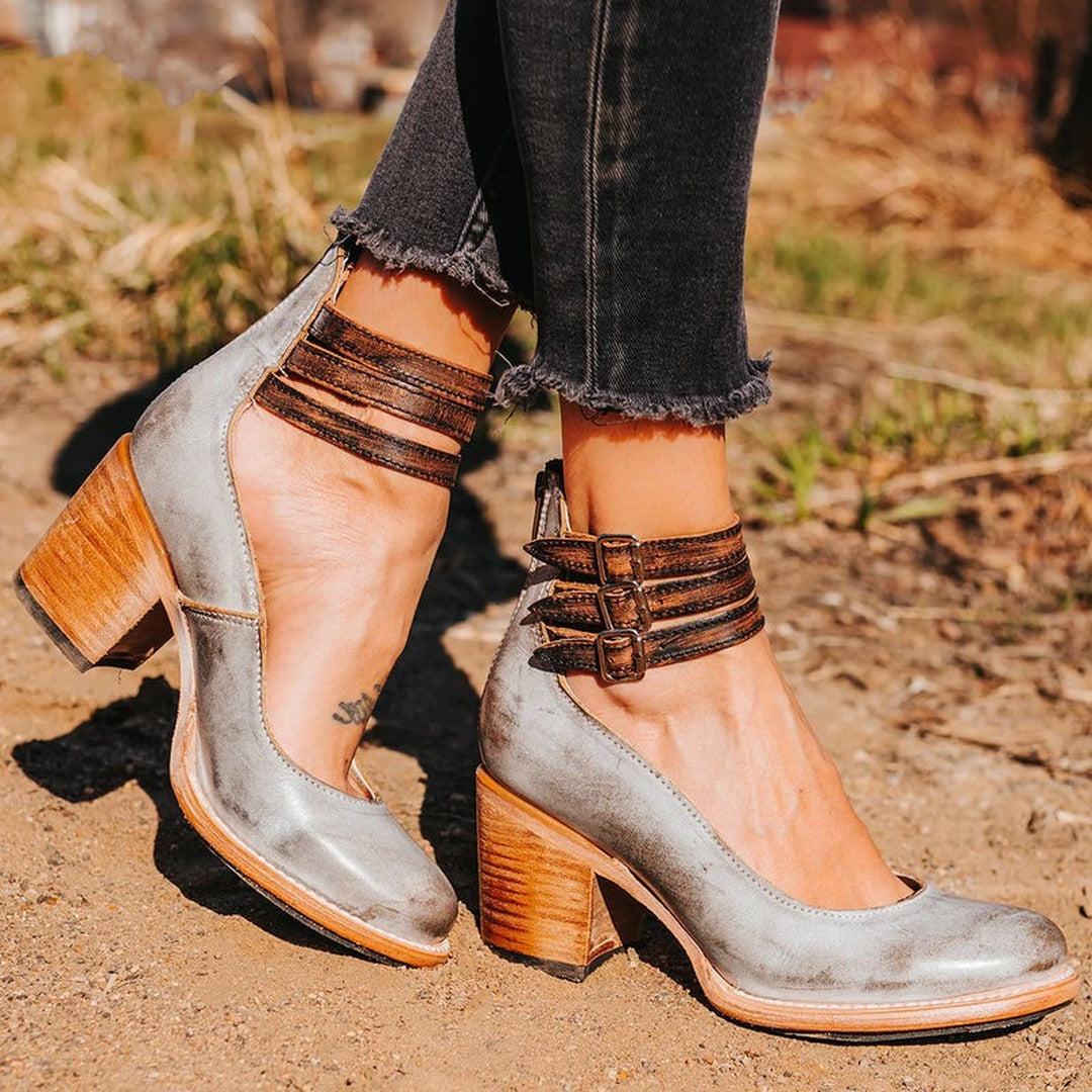 Women's Block Heel Ankle Boots with Triple Buckle Strap and Rear Zip Closure