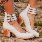 Women's Block Heel Ankle Boots with Triple Buckle Strap and Rear Zip Closure