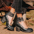 Women's Block Heel Ankle Boots with Triple Buckle Strap and Rear Zip Closure