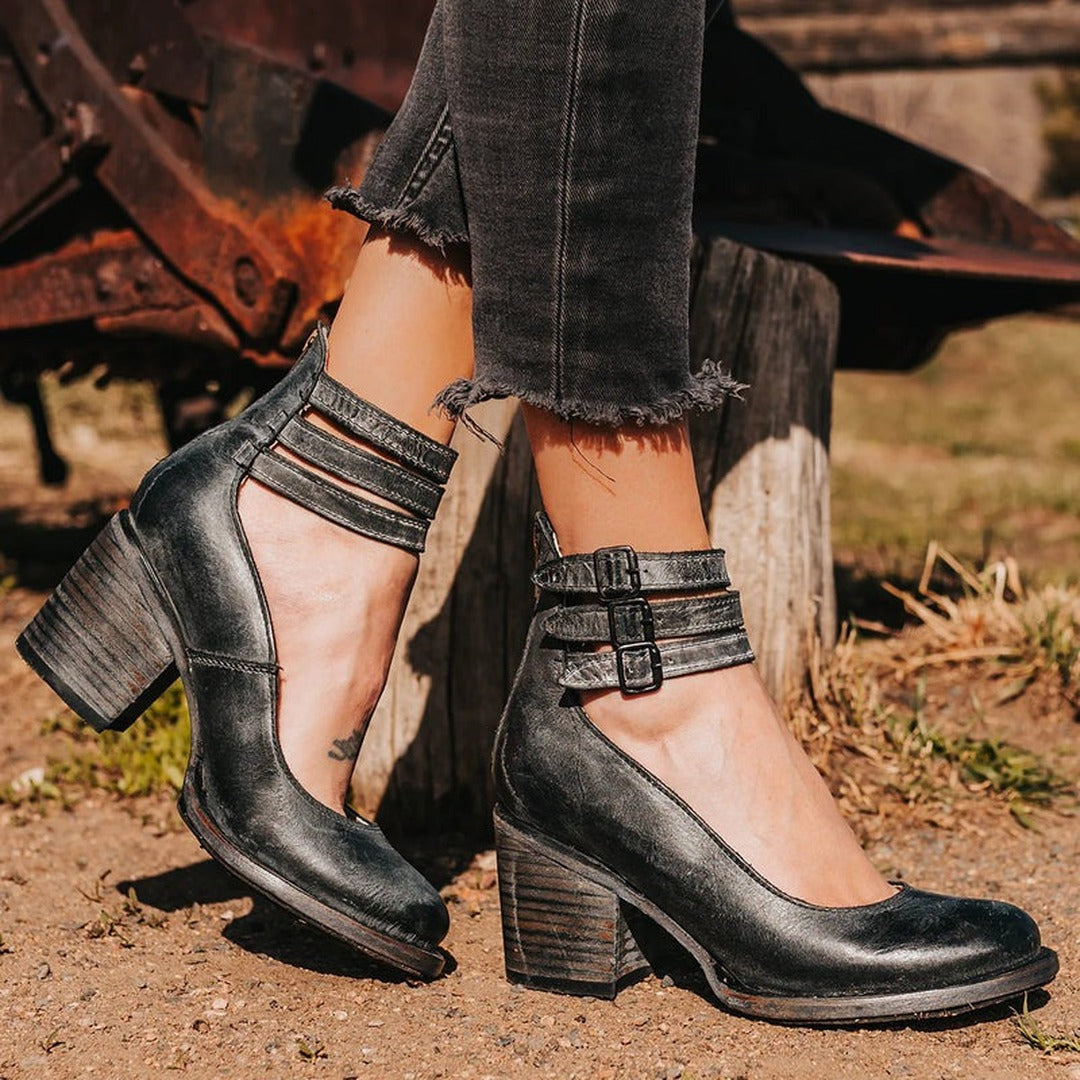 Women's Block Heel Ankle Boots with Triple Buckle Strap and Rear Zip Closure
