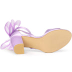 Women's Block Heel Sandals with Open Toe Ankle Strap and Oversized Open-Weave Bow Detail