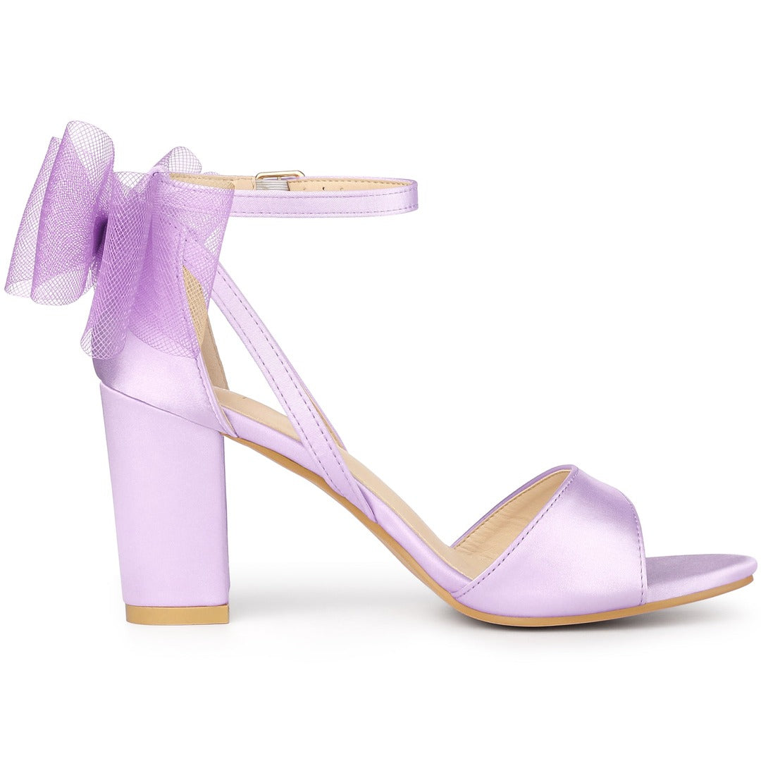 Women's Block Heel Sandals with Open Toe Ankle Strap and Oversized Open-Weave Bow Detail