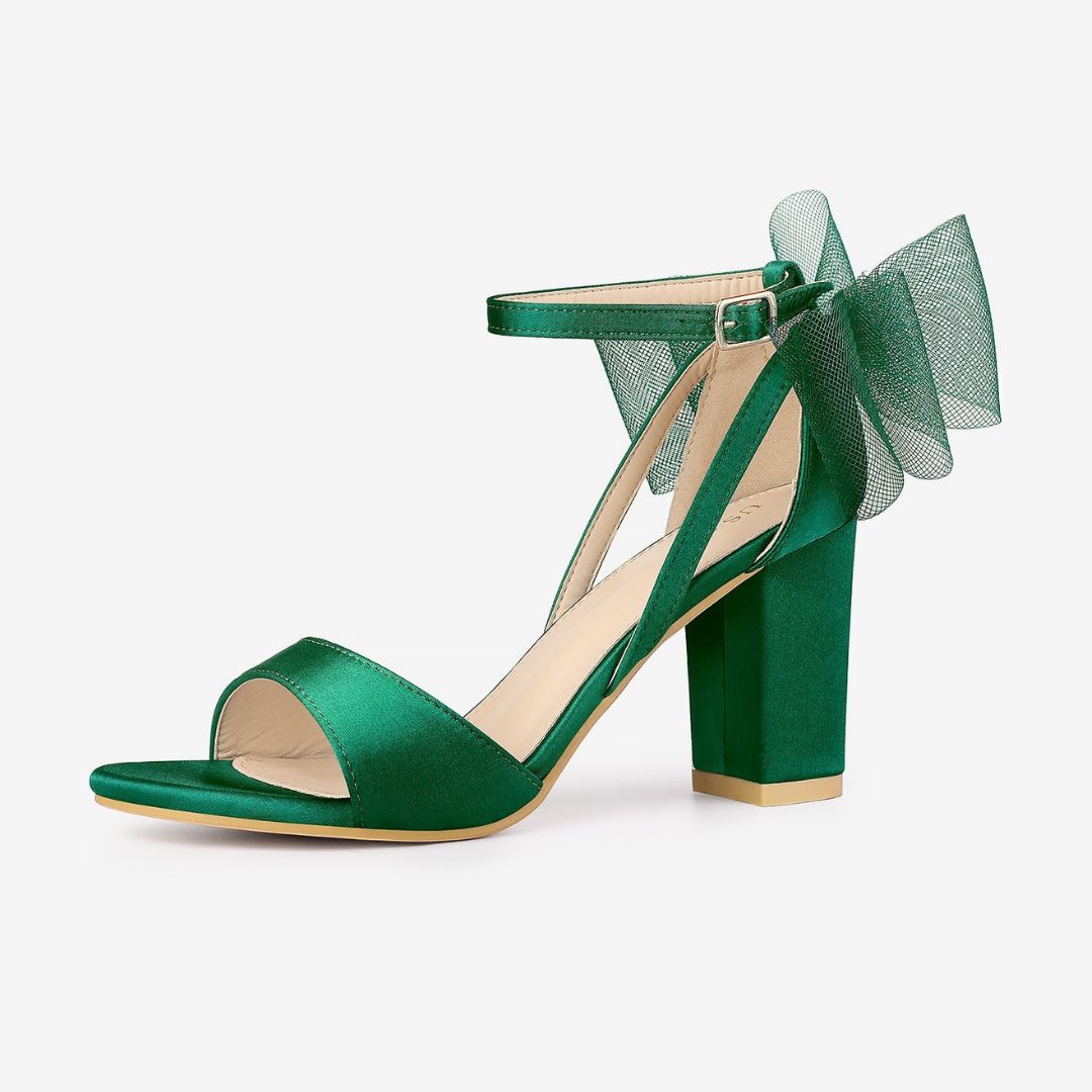 Women's Block Heel Sandals with Open Toe Ankle Strap and Oversized Open-Weave Bow Detail