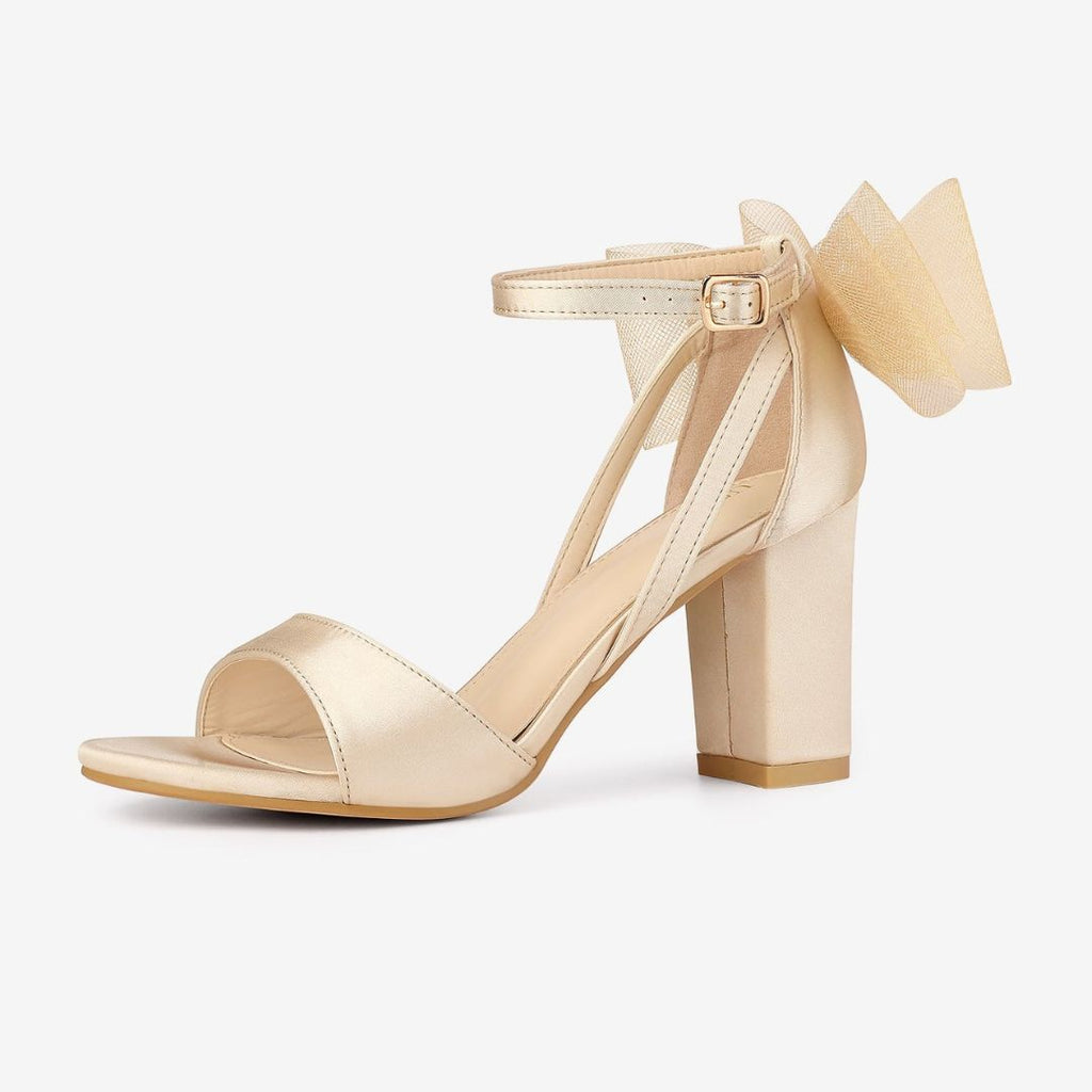 Women's Block Heel Sandals with Open Toe Ankle Strap and Oversized Open-Weave Bow Detail