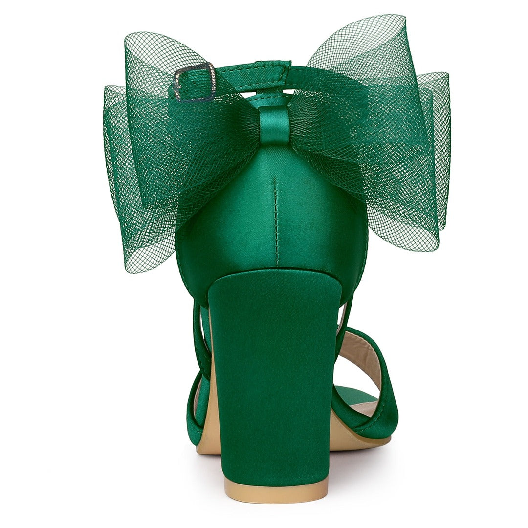 Women's Block Heel Sandals with Open Toe Ankle Strap and Oversized Open-Weave Bow Detail