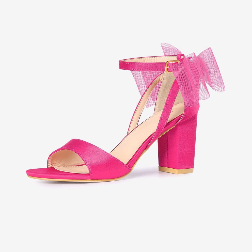 Women's Block Heel Sandals with Open Toe Ankle Strap and Oversized Open-Weave Bow Detail