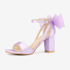 Women's Block Heel Sandals with Open Toe Ankle Strap and Oversized Open-Weave Bow Detail