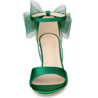 Women's Block Heel Sandals with Open Toe Ankle Strap and Oversized Open-Weave Bow Detail