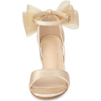 Women's Block Heel Sandals with Open Toe Ankle Strap and Oversized Open-Weave Bow Detail