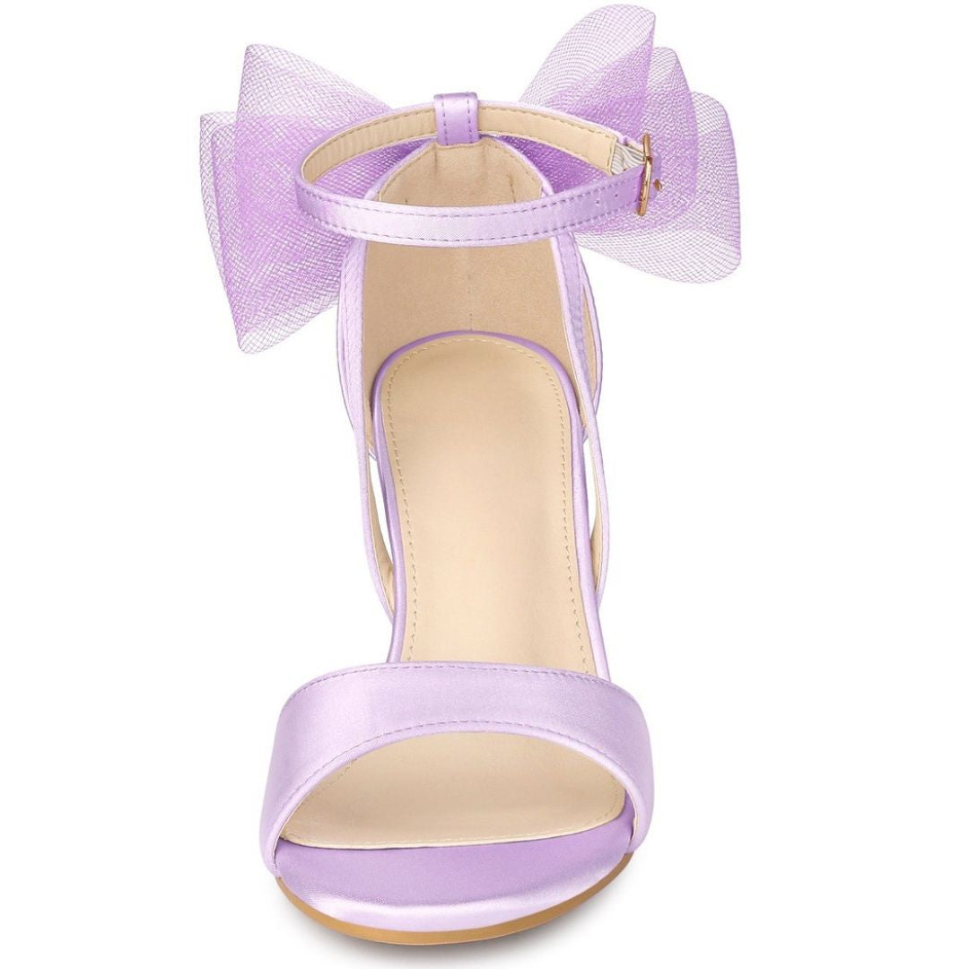 Women's Block Heel Sandals with Open Toe Ankle Strap and Oversized Open-Weave Bow Detail