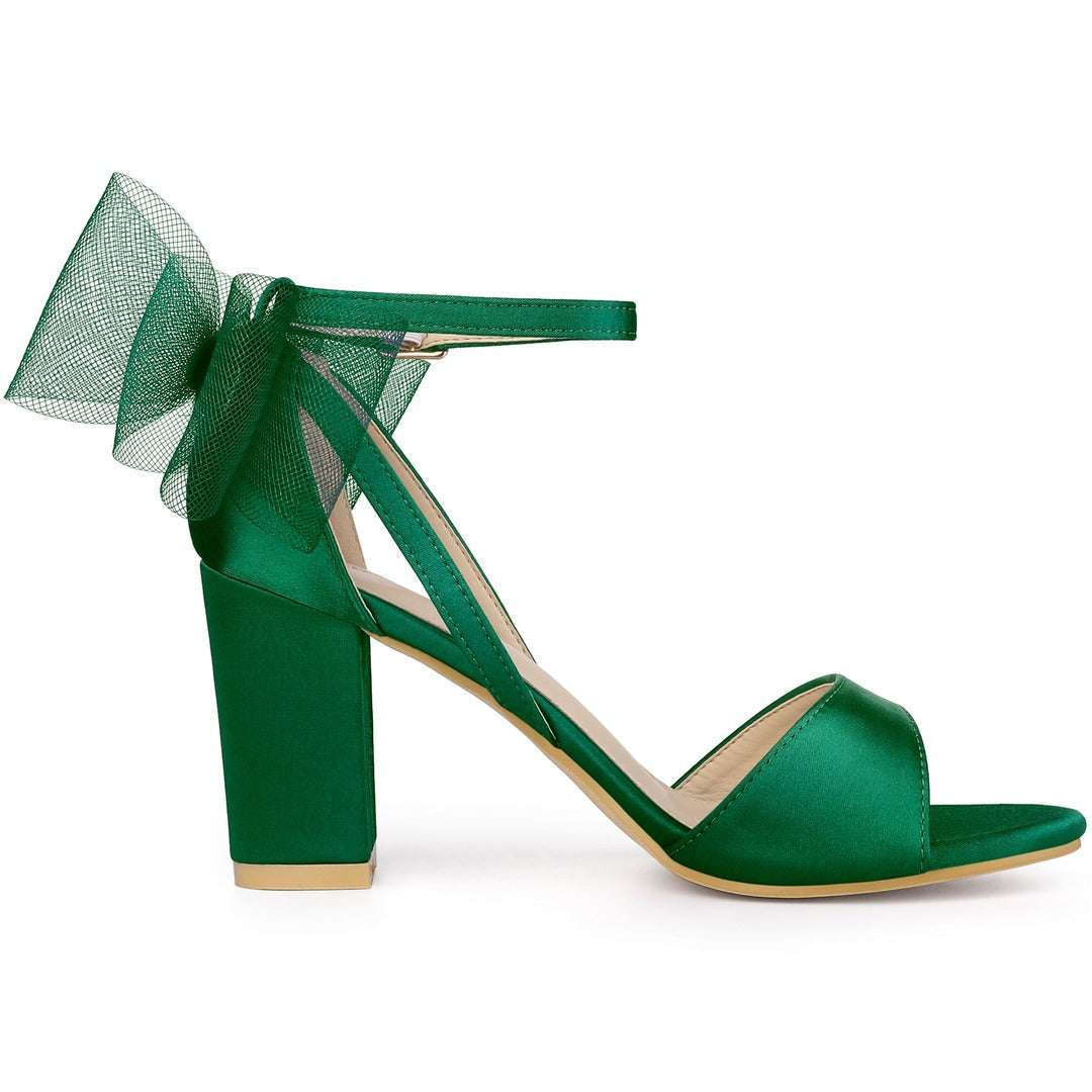 Women's Block Heel Sandals with Open Toe Ankle Strap and Oversized Open-Weave Bow Detail
