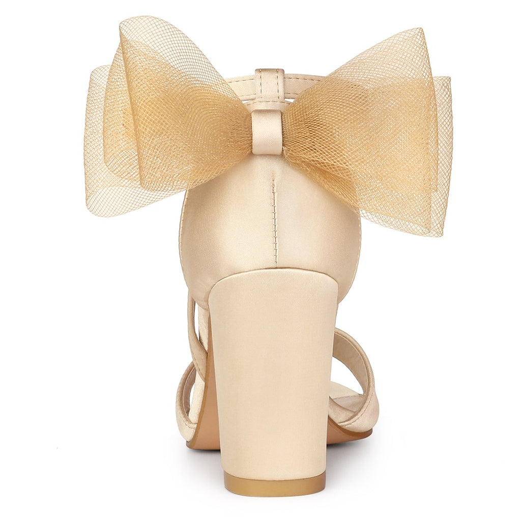 Women's Block Heel Sandals with Open Toe Ankle Strap and Oversized Open-Weave Bow Detail